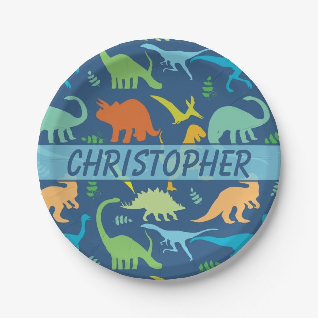 Colourful Dinosaur to Personalize Paper Plate (Front)