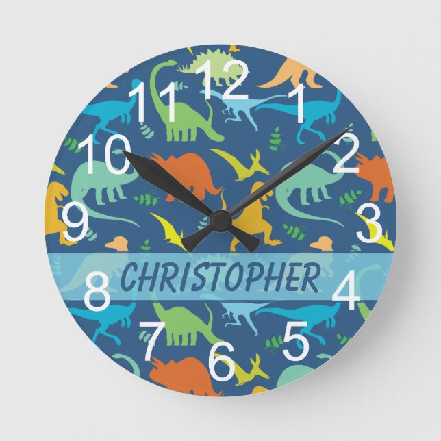 Colourful Dinosaur to Personalize Round Clock (Front)