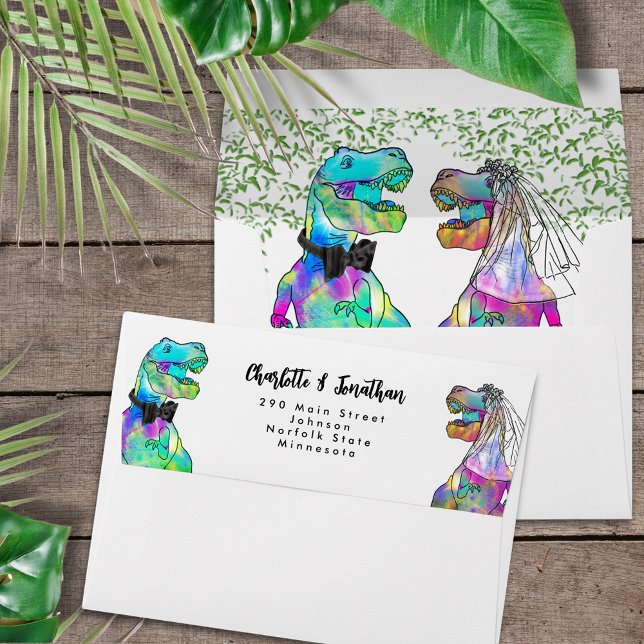 Colourful Dinosaur Wedding Return Address  Envelop Envelope (Colorful T-Rex bride and groom dinosaur wedding custom return address envelope )