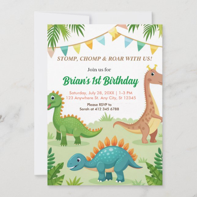  colourful dinosaurs cute boy birthday party  invitation (Front)