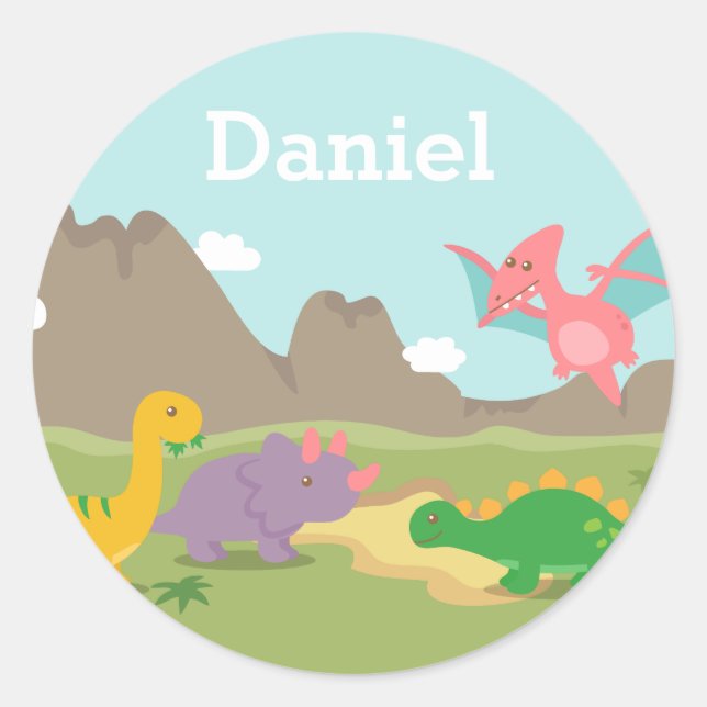 Colourful Dinosaurs Jurassic For kids Classic Round Sticker (Front)