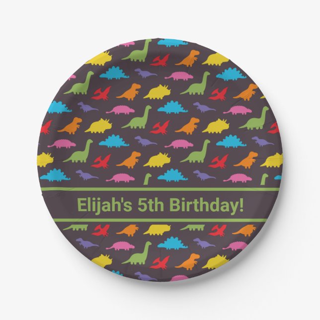 Colourful Dinosaurs Pattern, Birthday Party Paper Plate (Front)