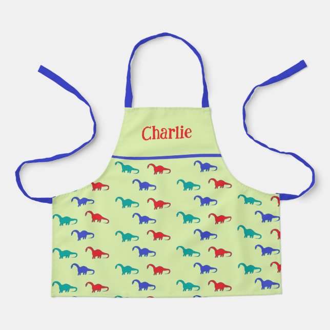 Colourful dinosaurs pattern on green apron (Front)