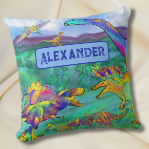 Colourful Dinosaurs Personalized Name Throw Pillow