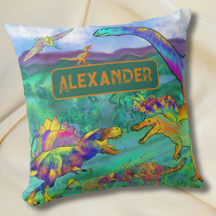 Colourful Dinosaurs Personalized Name Throw Pillow