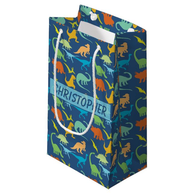 Colourful Dinosaurs to Personalize Small Gift Bag (Front Angled)