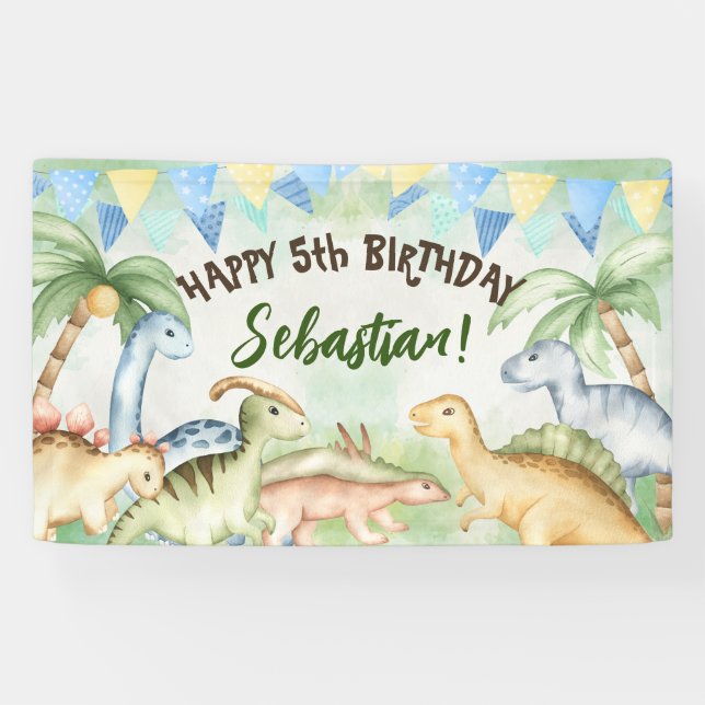 Colourful dinosaurs toddler birthday party custom banner (Horizontal)