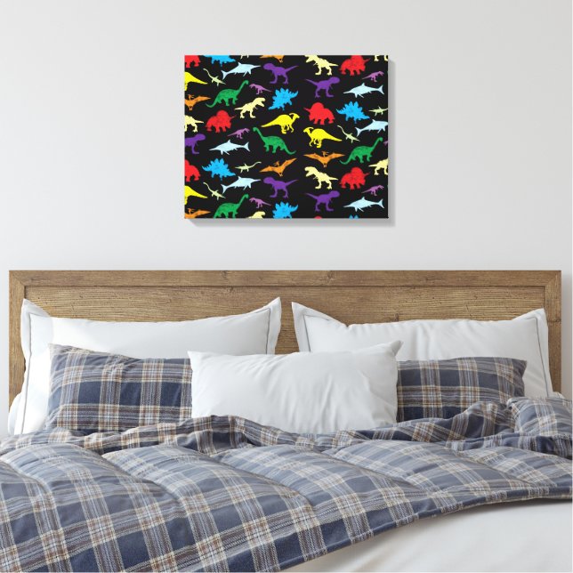 Colourful Dinosaurs Watercolor Kids Pattern Canvas Print (Insitu(Bedroom))