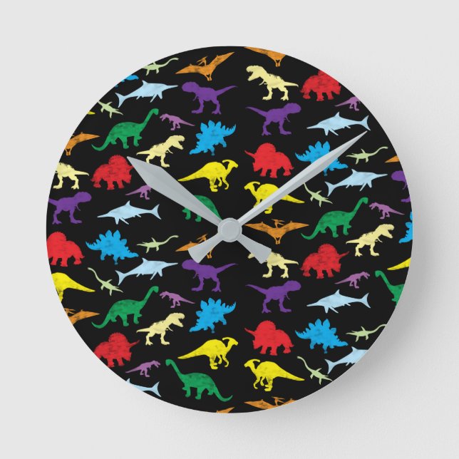 Colourful Dinosaurs Watercolor Kids Pattern Round Clock (Front)