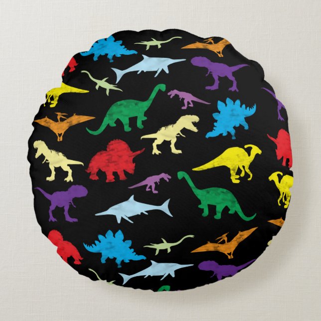 Colourful Dinosaurs Watercolor Kids Pattern Round Pillow (Front)