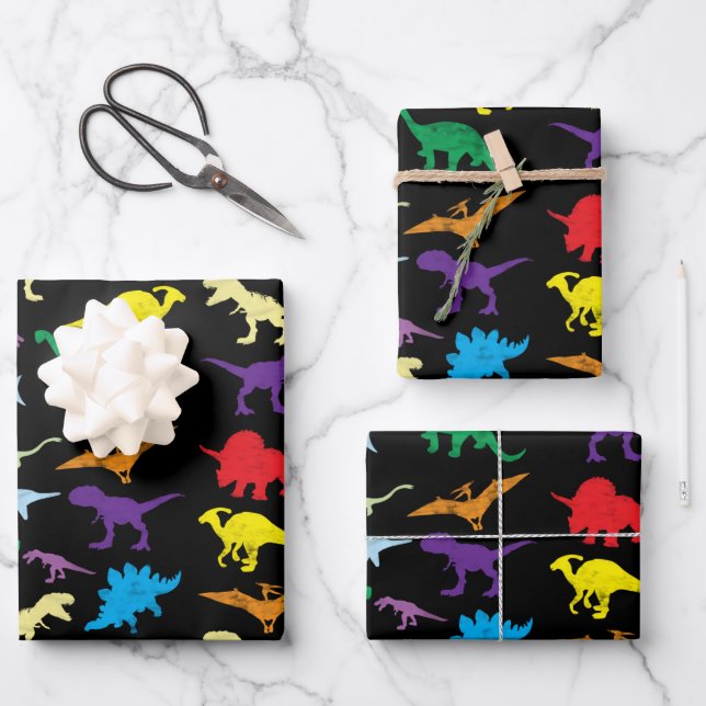Colourful Dinosaurs Watercolor Kids Pattern Wrapping Paper Sheet (Front)