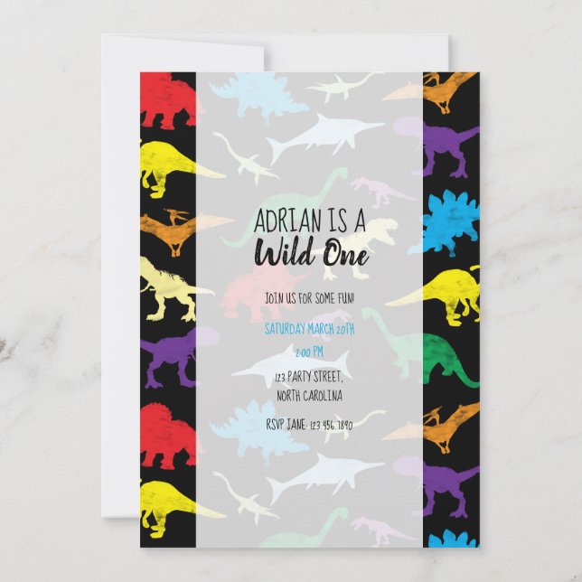 Colourful Dinosaurs Wild One Kids Birthday Party Invitation (Back)