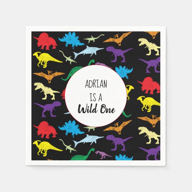 Colourful Dinosaurs Wild One Kids Birthday Party Napkin (Front)