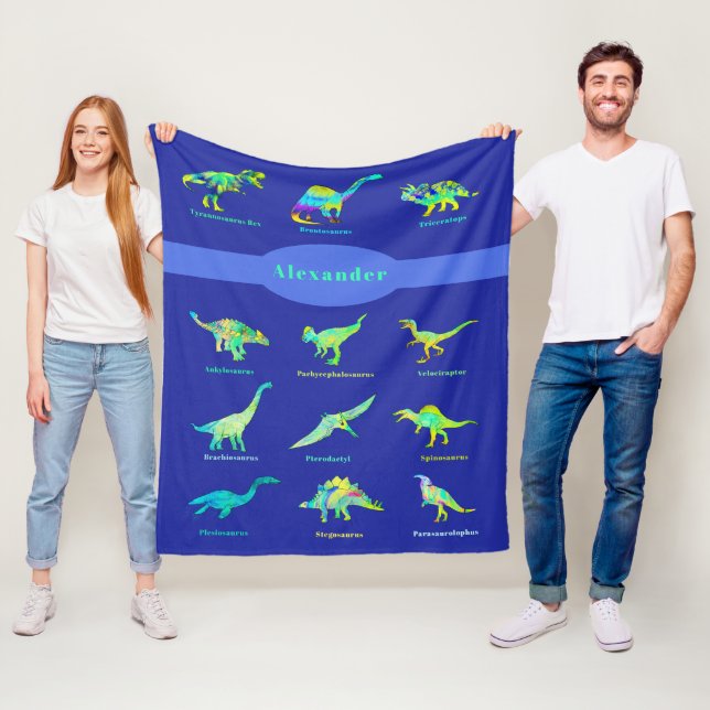 Colourful Dinosaurs with names blue Fleece Blanket (In Situ)