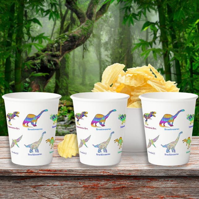 Colourful Dinosaurs with Names Paper Cups (Colorful dinosaurs with names dino birthday party paper cups T-Rex velociraptor brontosaurus )
