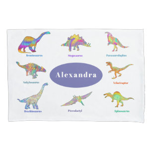 Colourful Dinosaurs with names Pattern purple Pillowcase