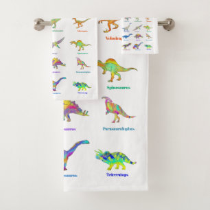 Colourful Dinosaurs with names Pattern Teal Bath Towel Set