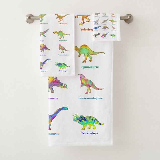Colourful Dinosaurs with names Pattern Teal  Bath Towel Set (Insitu)