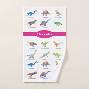Colourful Dinosaurs with names Pink Bath Towel Set