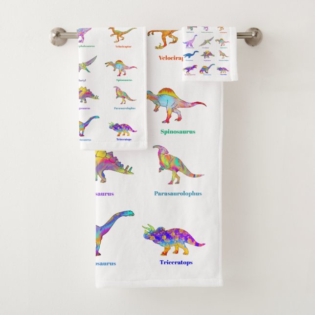 Colourful Dinosaurs with names pink Bath Towel Set (Insitu)