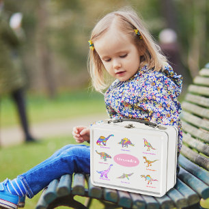 Colourful Dinosaurs with Names Pink  Metal Lunch Box