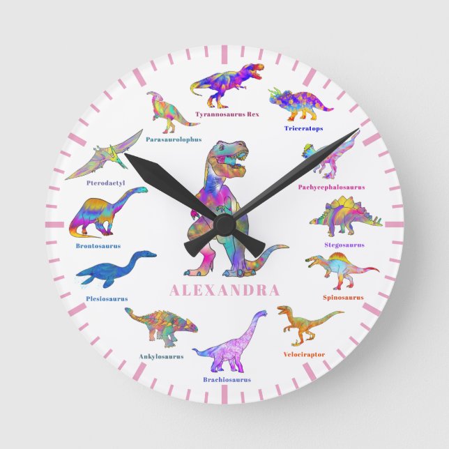 Colourful Dinosaurs with Names Round Clock (Front)