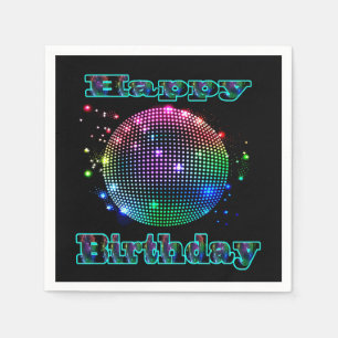 Colourful Disco Ball Happy Birthday On Black Napkin