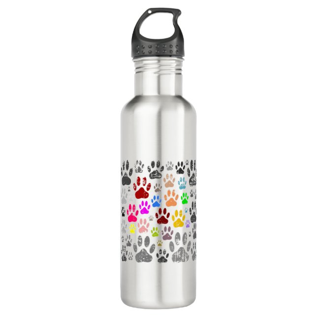 Colourful Distressed Dog Paw Prints On Grey 710 Ml Water Bottle (Front)