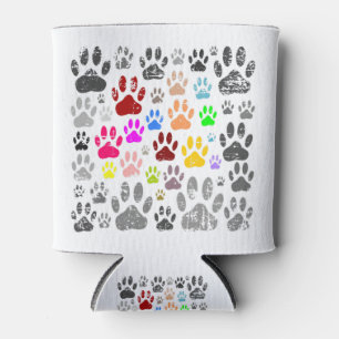 Colourful Distressed Dog Paw Prints On Grey Can Cooler