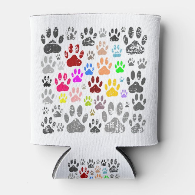 Colourful Distressed Dog Paw Prints On Grey Can Cooler (Front)