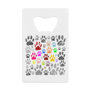 Colourful Distressed Dog Paw Prints On Grey Credit Card Bottle Opener