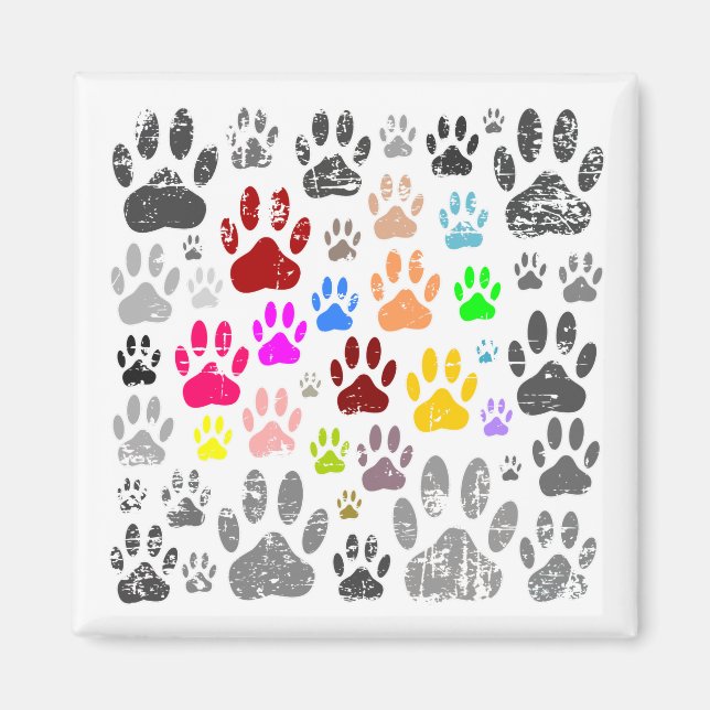 Colourful Distressed Dog Paw Prints On Grey Magnet (Front)