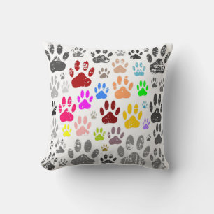 Colourful Distressed Dog Paw Prints On Grey Throw Pillow