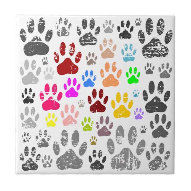 Colourful Distressed Dog Paw Prints On Grey Tile (Front)