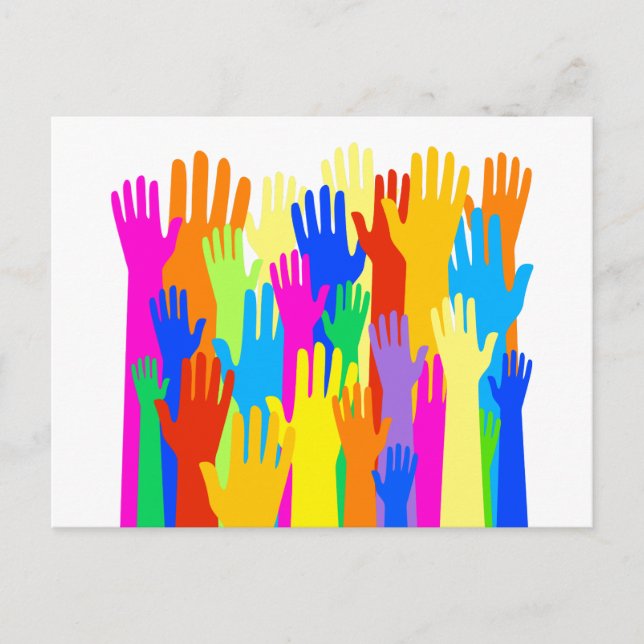 Colourful Diverse Group Community of Raised Hands Postcard (Front)