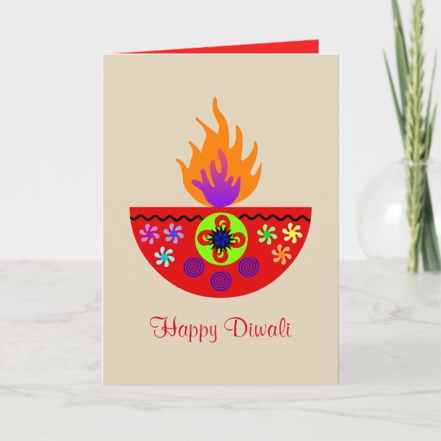 Colourful Diwali Lamp Diya Card (Front)