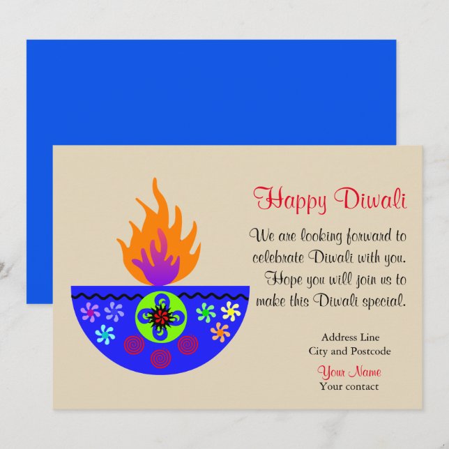 Colourful Diwali Lamp Diya Invitation (Front/Back)