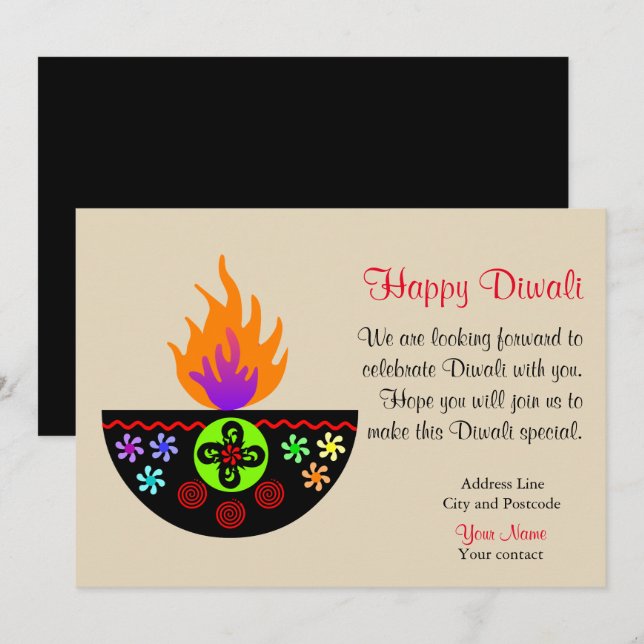 Colourful Diwali Lamp Diya Invitation (Front/Back)