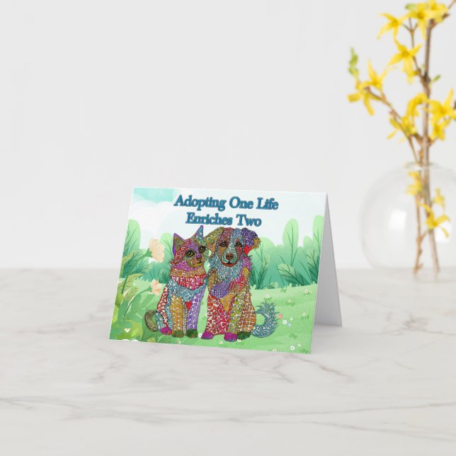 Colourful Dog and Cat Adoption Greeting Card (Yellow Flower)