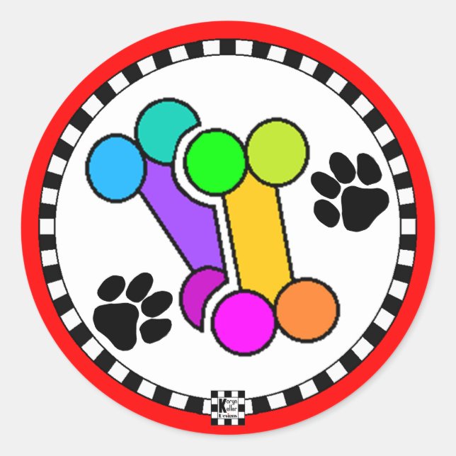 Colourful Dog Bones and Paws Classic Round Sticker (Front)