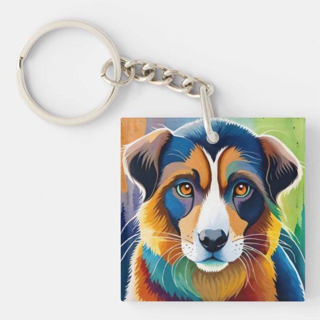 Colourful dog face close up  keychain (Front)
