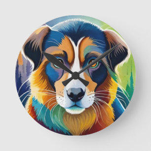Colourful dog face close up  round clock