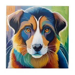 Colourful dog face close up tile