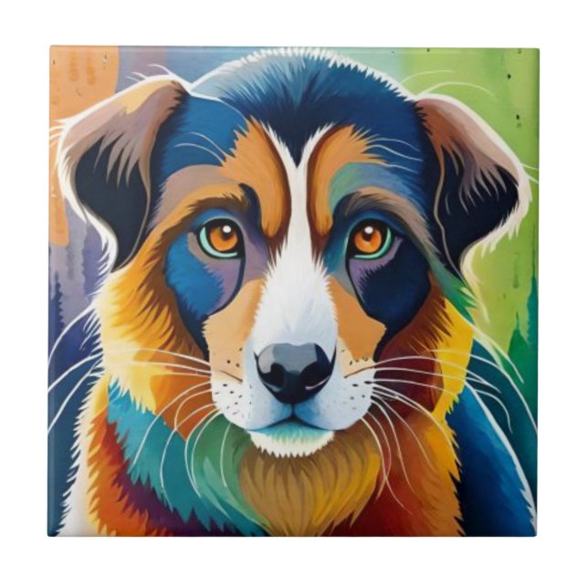 Colourful dog face close up  tile (Front)
