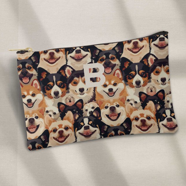 Colourful dog, monogram animal pattern accessory pouch (Monogram Dog pattern small accessory bag.)