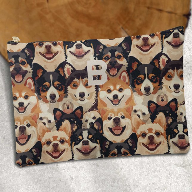 Colourful dog, monogram animal pattern accessory pouch (Monogram Dog pattern large accessory pouch)