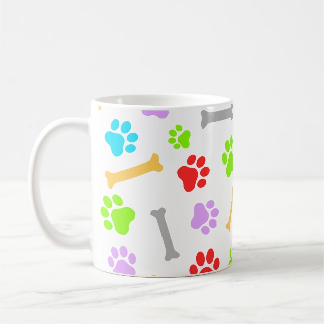 Colourful Dog Paw & Bones Seamless Pattern Coffee Mug (Left)