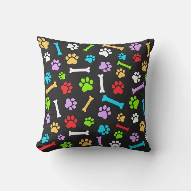 Colourful Dog Paw & Bones Seamless Pattern  Throw Pillow (Front)