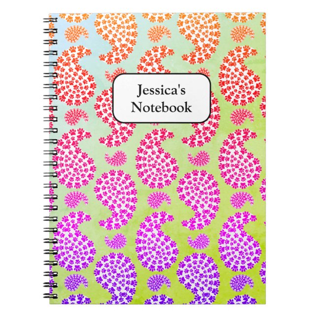 Colourful Dog Paw Print Paisley Vintage Style Notebook (Front)