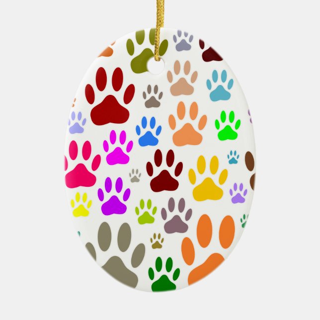 Colourful Dog Paw Prints All Over Ceramic Ornament (Front)